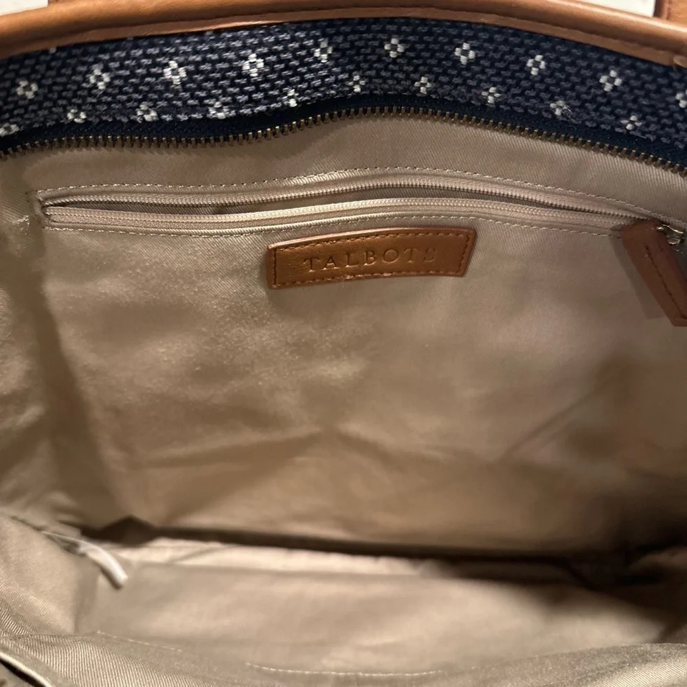 Talbots Woven Large Zip Tote Faux Leather Trimmed Nautical Blue White Dots EUC